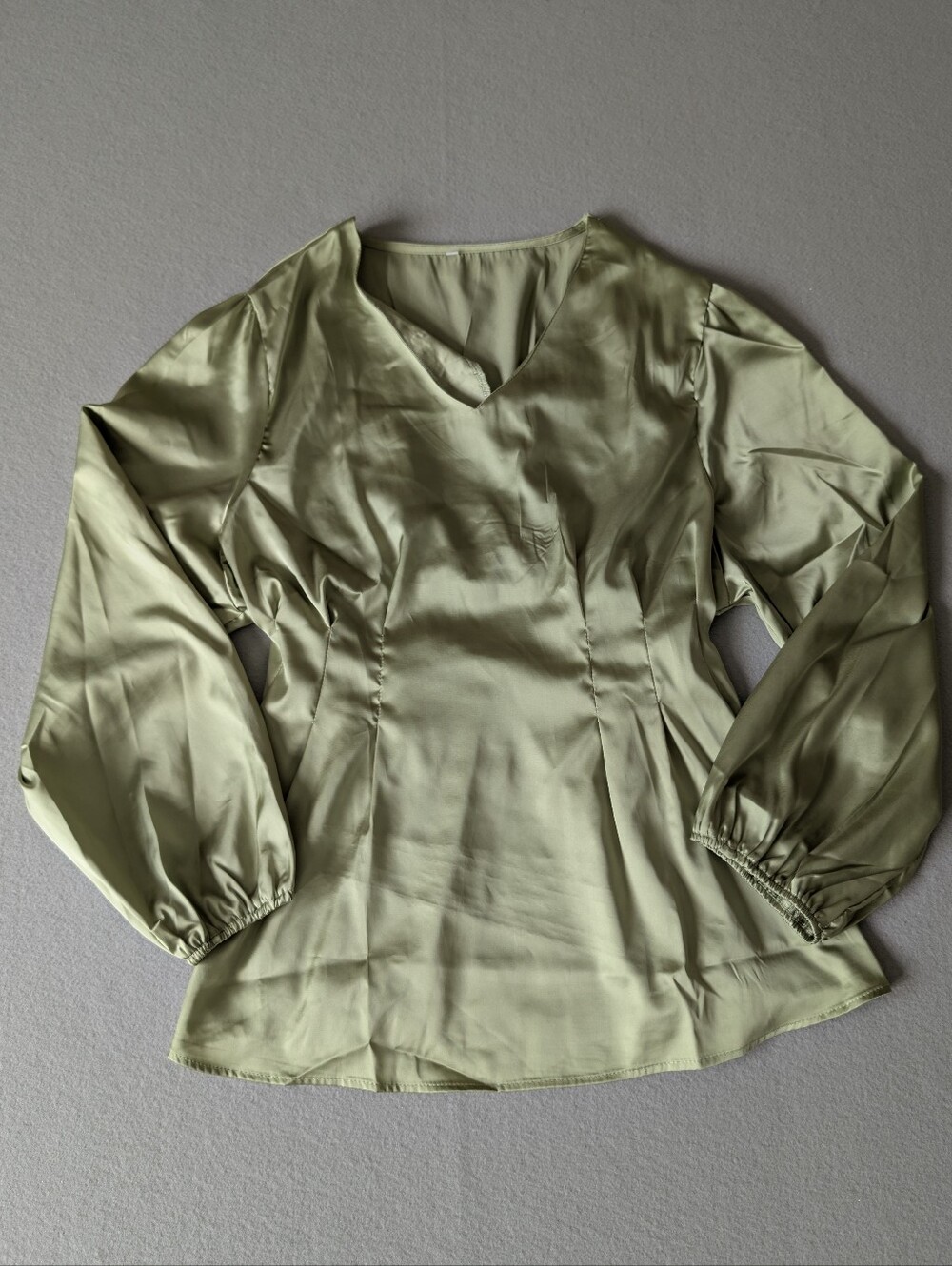 Satin Tailored Sage Green Long Sleeve V Neck Blouse Quiet Luxury Smocked Sz XXL image 4